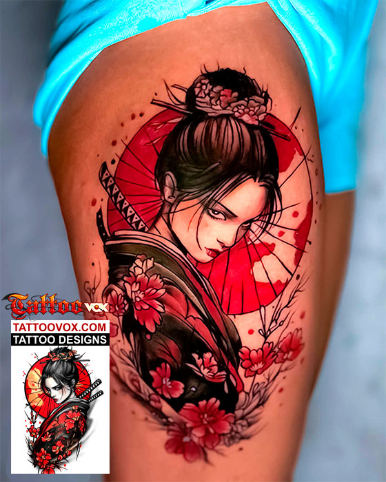 Geisha Samurai Tattoo Design Colorful leg tattoo