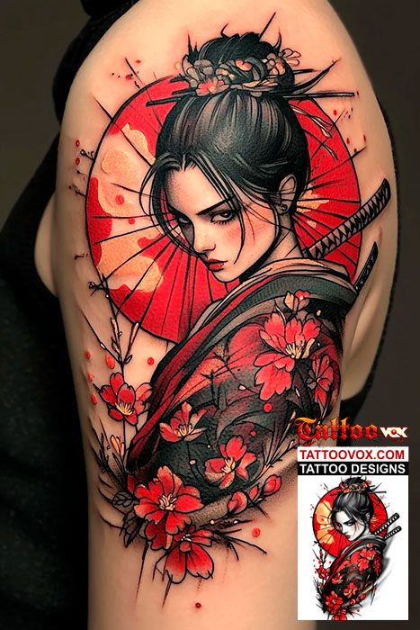 Geisha Samurai Tattoo Design Colorful arm tattoo