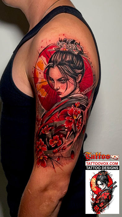 Geisha Samurai Tattoo Design Colorful arm tattoo for men