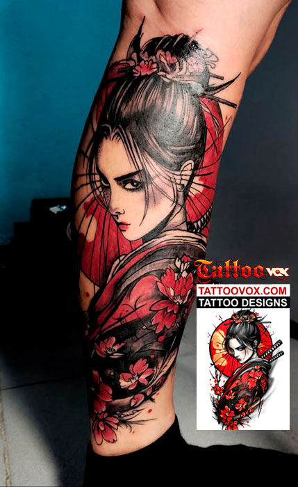 Geisha Samurai Tattoo Design Colorful leg tattoo