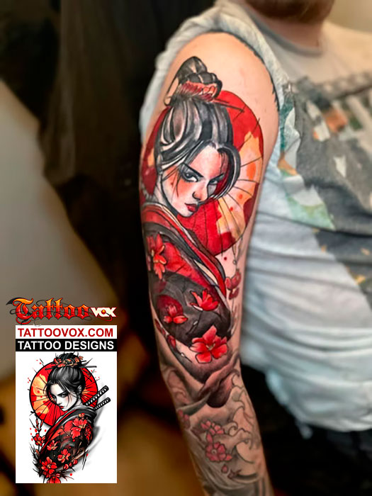 Geisha Samurai Tattoo Design Colorful