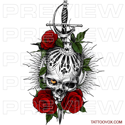 Skeleton Sword Red Rose Flower Gothic pirate Tattoo Skull tattoovox