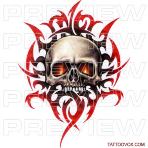 Skull Skeleton with Flaming Eyes and Tribal