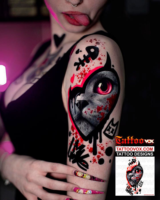 Trash Polka Love Cat Heart Tattoo Drawing