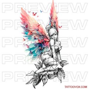 tattoo design featuring a beautiful fairy with colorful wings surrounded by butterflies is a breathtaking homage to enchantment, tattoovox drawing sketch buy download
