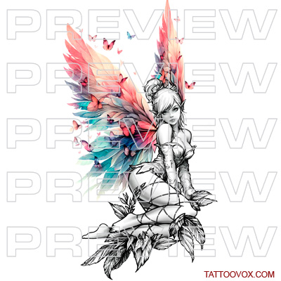 tattoo design featuring a beautiful fairy with colorful wings surrounded by butterflies is a breathtaking homage to enchantment, tattoovox drawing sketch buy download