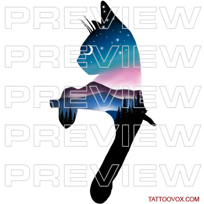 cat Night Landscape Tattoo Design- tattoovox instant download colorful galaxy moon