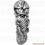 Clock Eye and Wing Realstic Tattoo Sleeve men arm