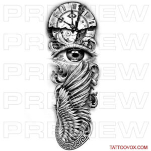 Clock Eye and Wing Realstic Tattoo Sleeve men arm