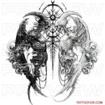 Dark Duality Black and White Demon Tattoo drawing full back for men by tattoovox