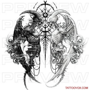 Dark Duality Black and White Demon Tattoo drawing full back for men by tattoovox