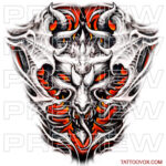 Demon Face with Flames full back Tattoo Design by tattoovox