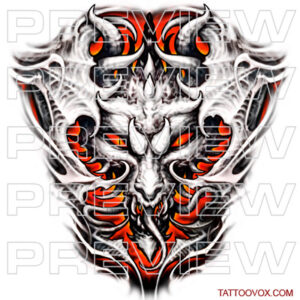 Demon Face with Flames full back Tattoo Design by tattoovox